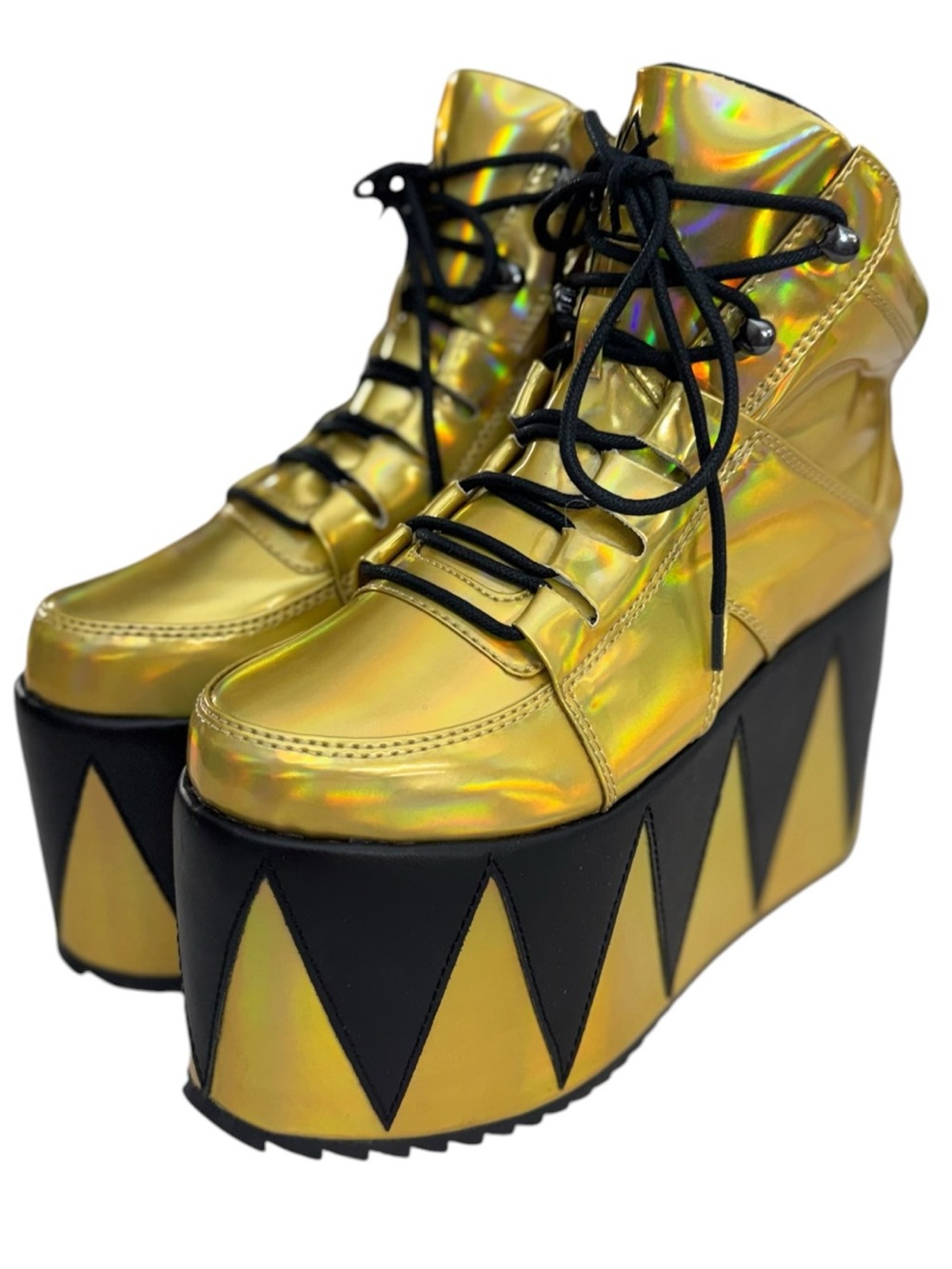 YRU Gold Holographic Alien Platform Boots Festival Rave Goth Chunky Lace Ups S7